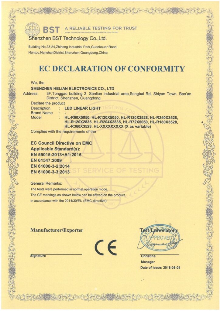 Déclaration de conformité des barres lumineuses (certificat)