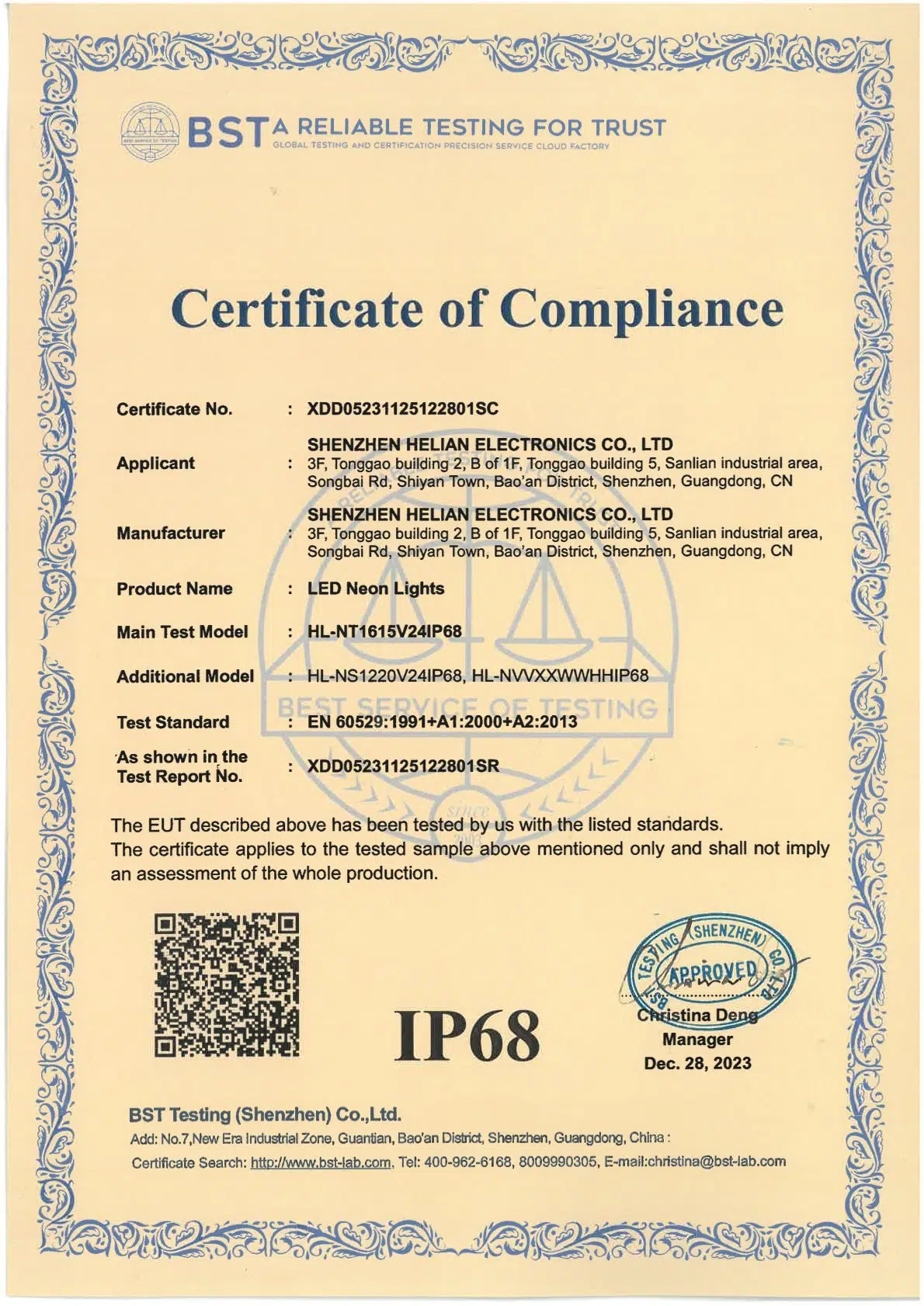 Néon Certificat IP68