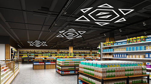 Geometric Puzzle Lighting Structure In A Supermarket