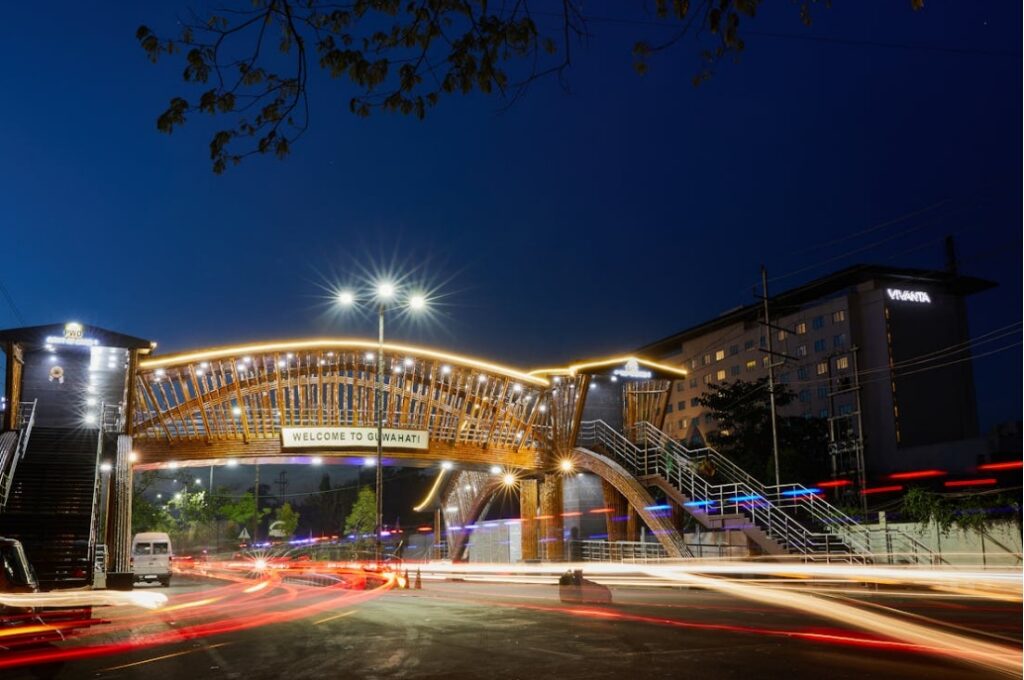 Modern LED street lighting illuminating a city street at night
