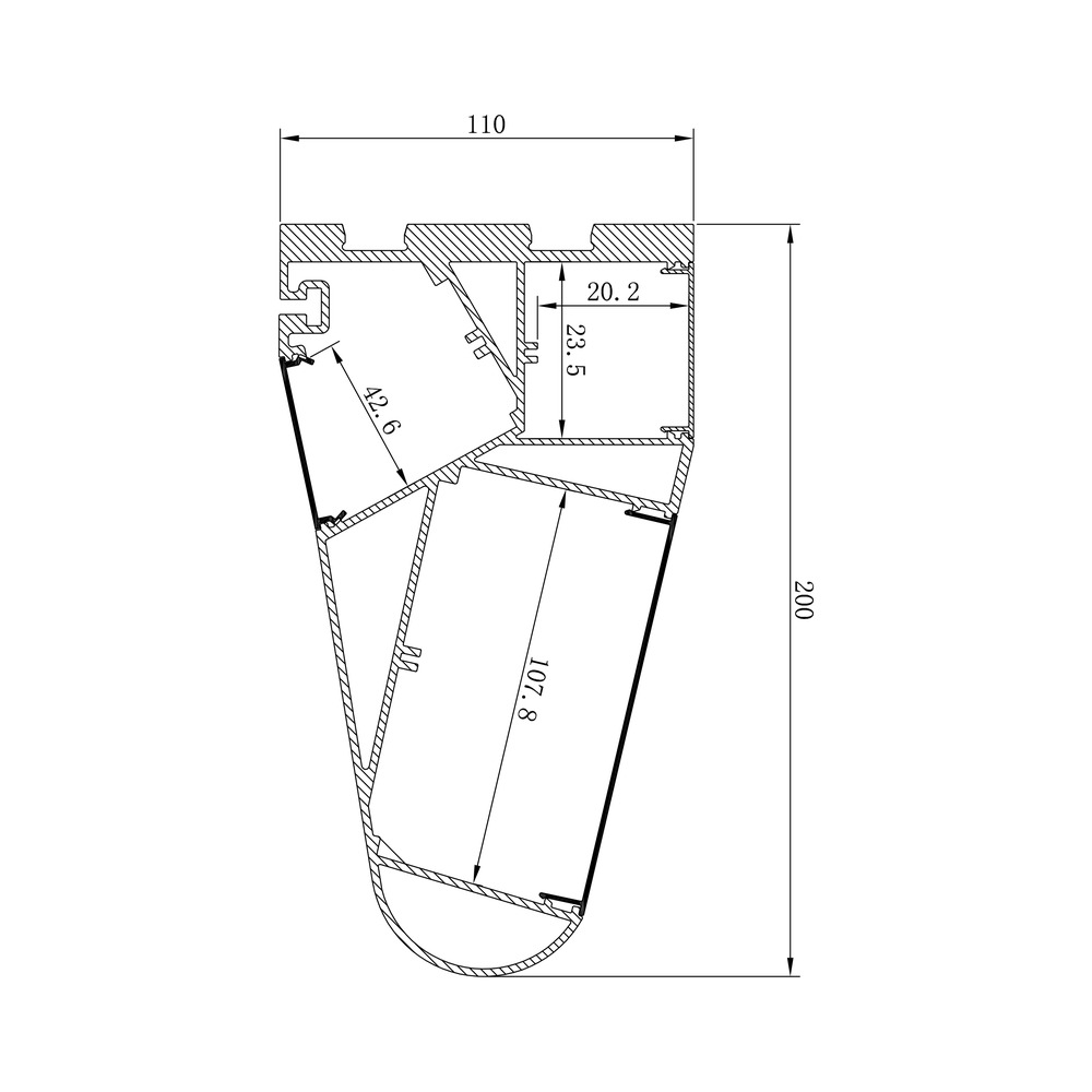 HL-A009 dimension drawing - 200×110.3mm LED profile cross-section and dimensions