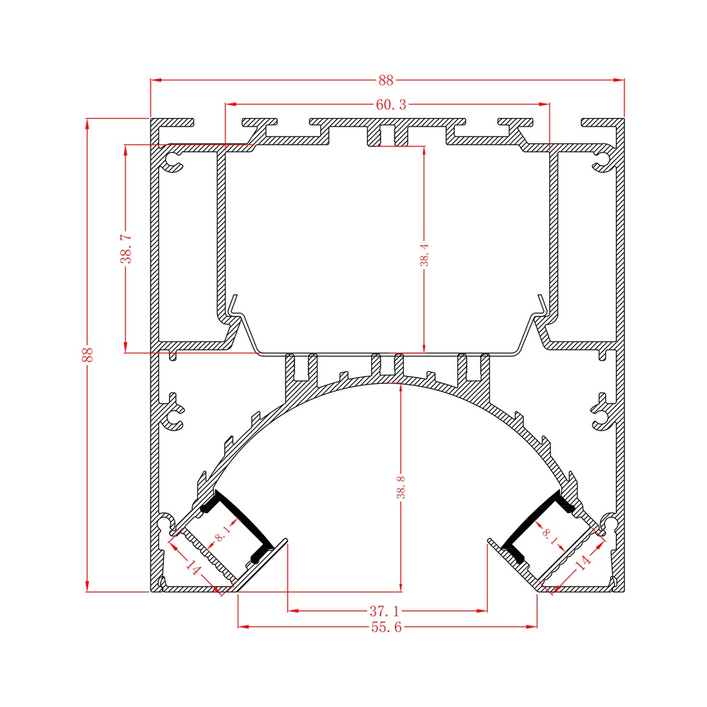HL-A024-3 dimension drawing - 88×88mm LED profile cross-section and dimensions
