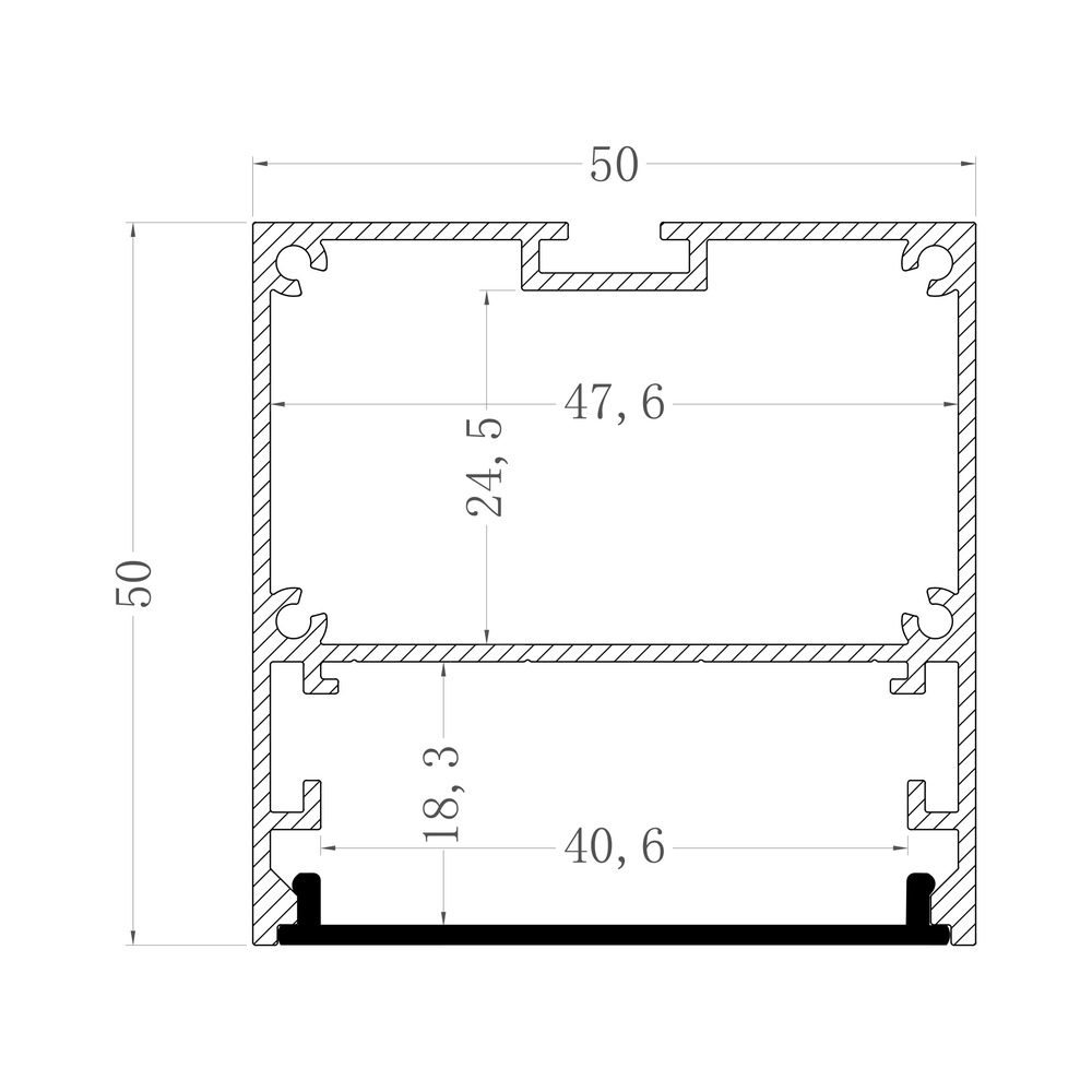 HL-B5050 dimension drawing - 50×50mm LED profile cross-section and dimensions