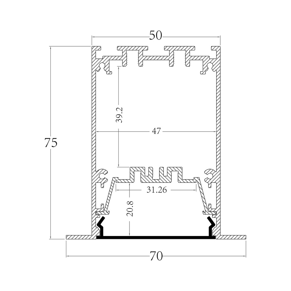 HL-B5075C dimension drawing - 70×75mm LED profile cross-section and dimensions