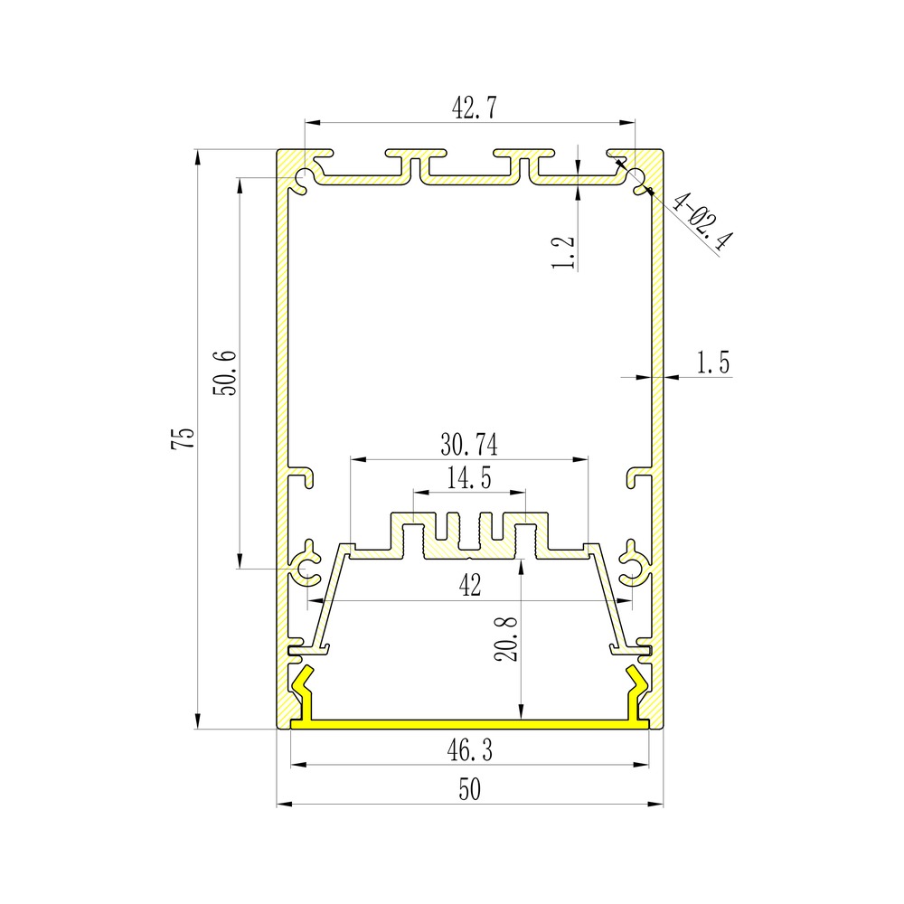 HL-B5075KF1 dimension drawing - 50×75mm LED profile cross-section and dimensions