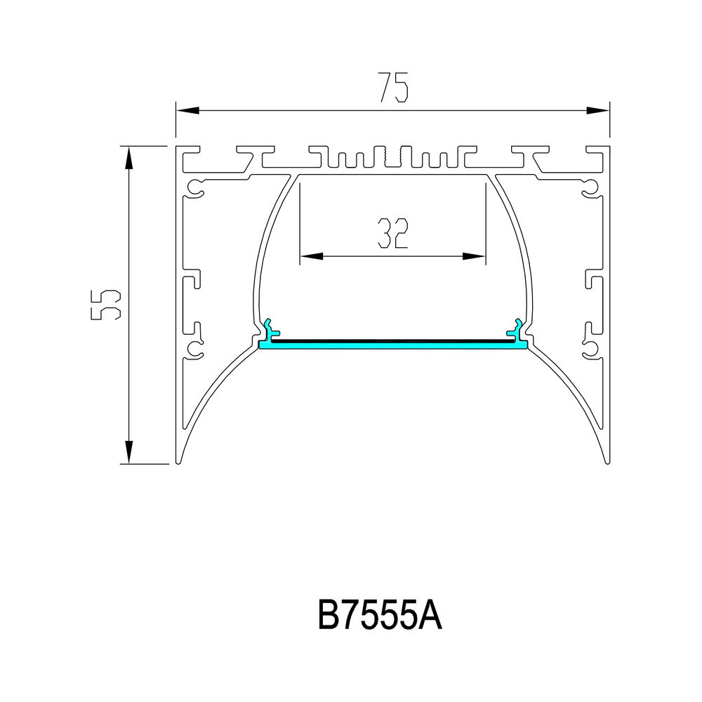 HL-B7555A dimension drawing - 75×55mm LED profile cross-section and dimensions