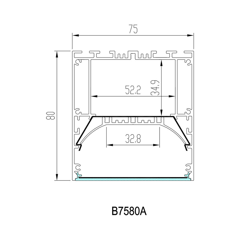 HL-B7580A dimension drawing - 75×80mm LED profile cross-section and dimensions
