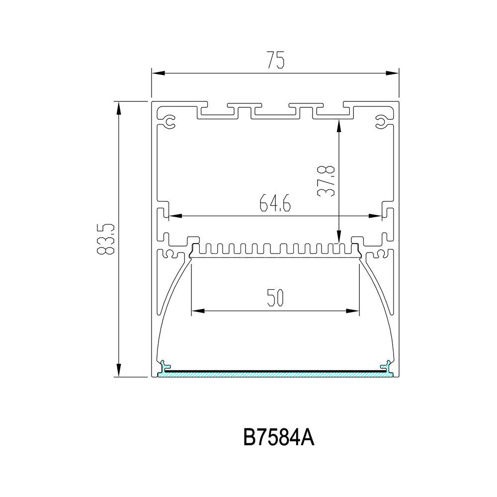 HL-B7584A dimension drawing - 75×83.5mm LED profile cross-section and dimensions