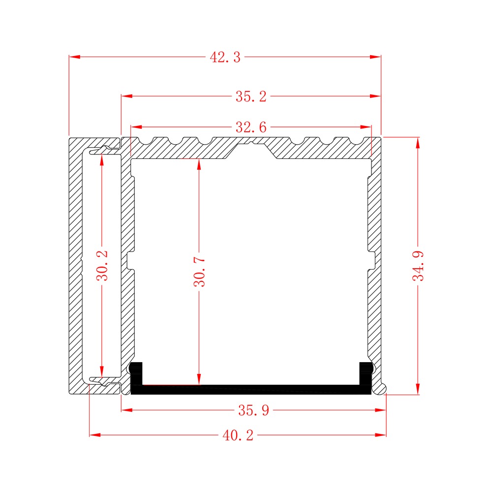 HL-BAPL019 dimension drawing - 42.3×34.7mm LED profile cross-section and dimensions