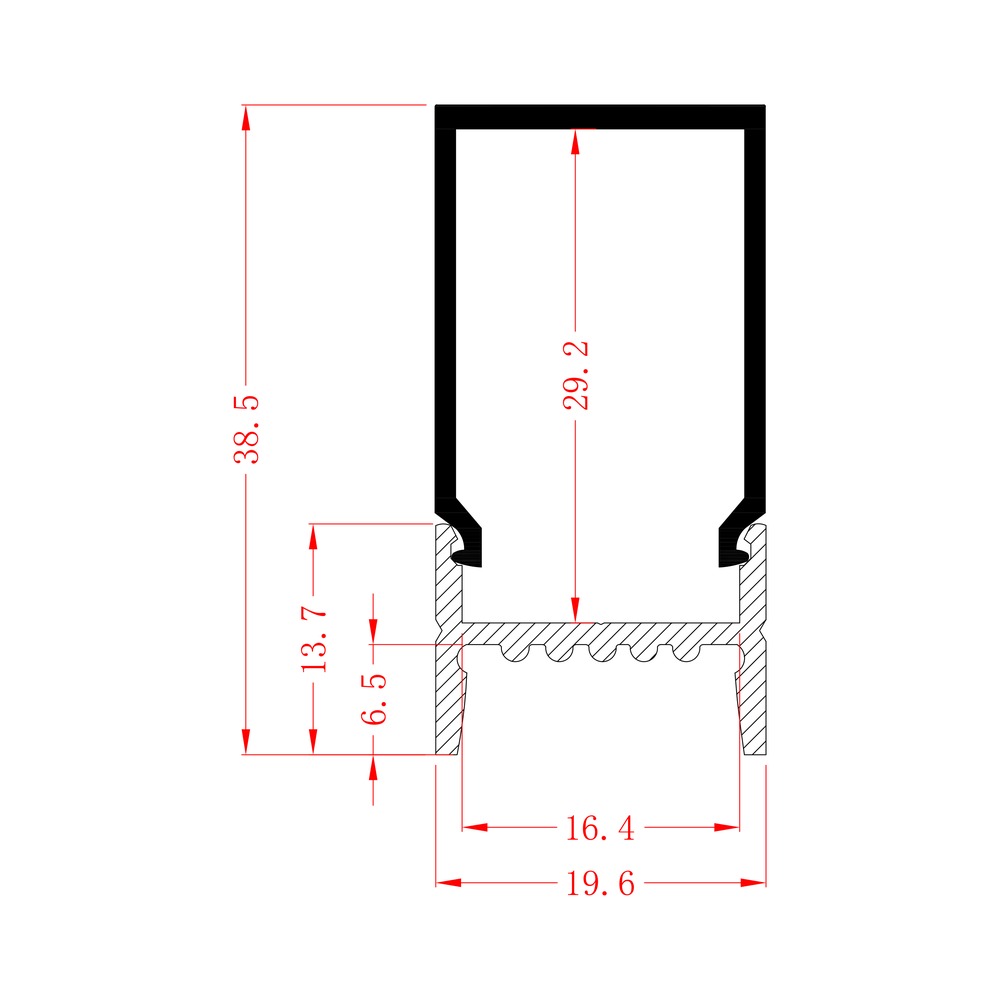HL-BAPL033 dimension drawing - 19.6×38.5mm LED profile cross-section and dimensions