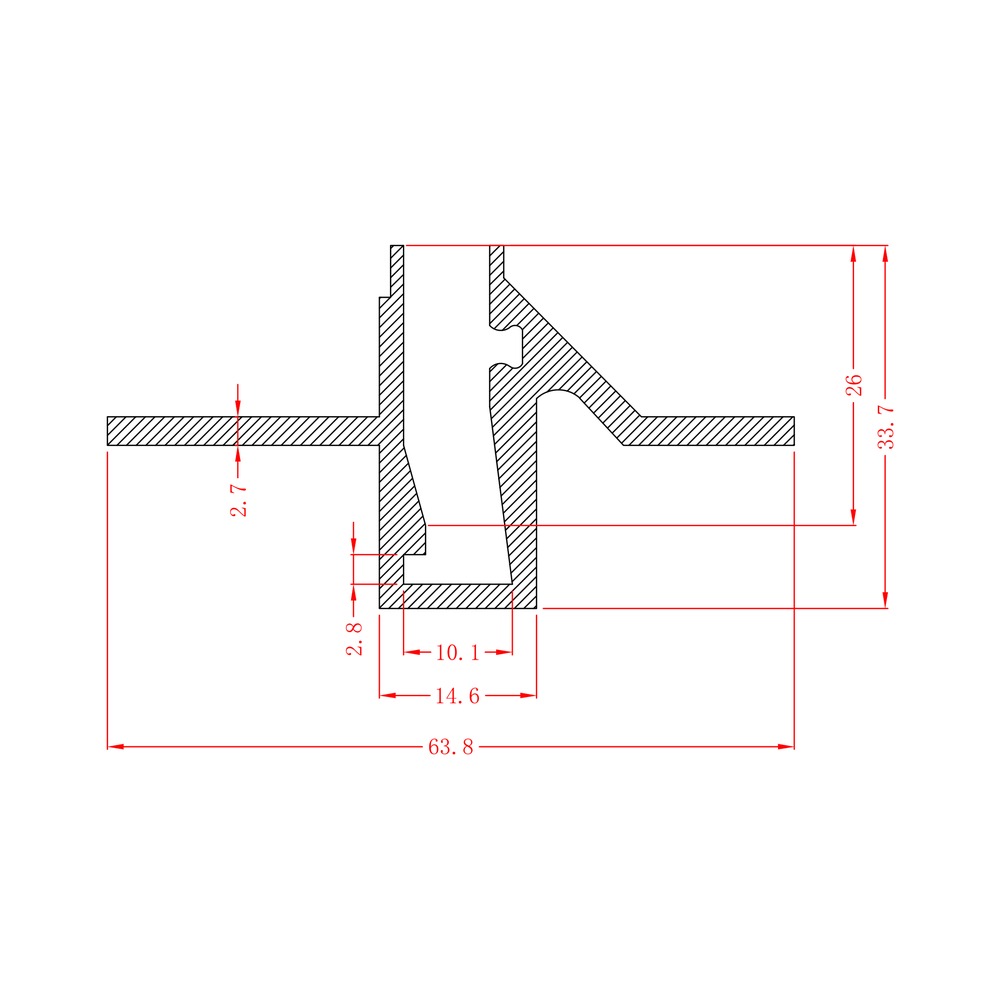 HL-BAPL044B dimension drawing - 63.8×33.7mm LED profile cross-section and dimensions