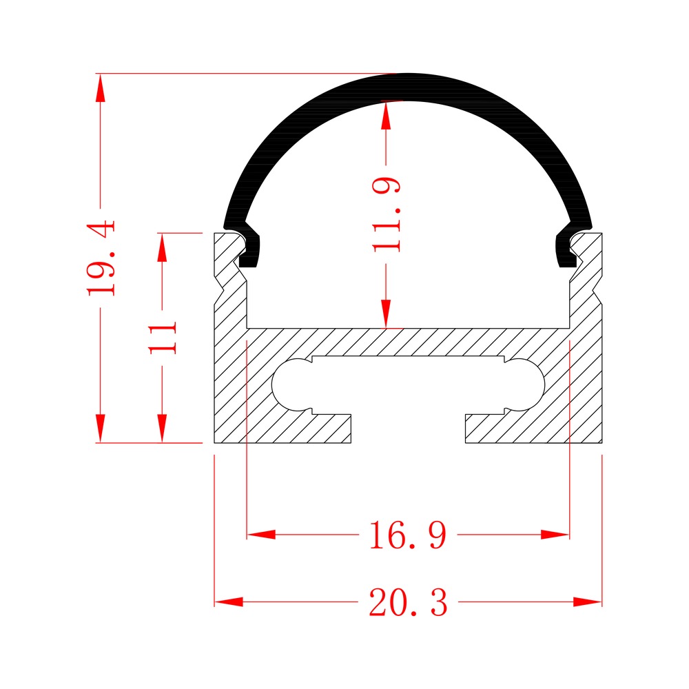 HL-BAPL056 dimension drawing - 20.3×19.4mm LED profile cross-section and dimensions