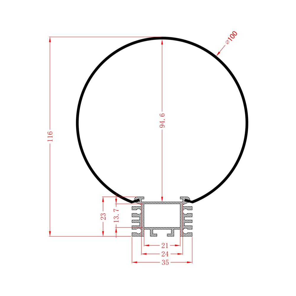 HL-BAPL064C dimension drawing - 216×116mm LED profile cross-section and dimensions