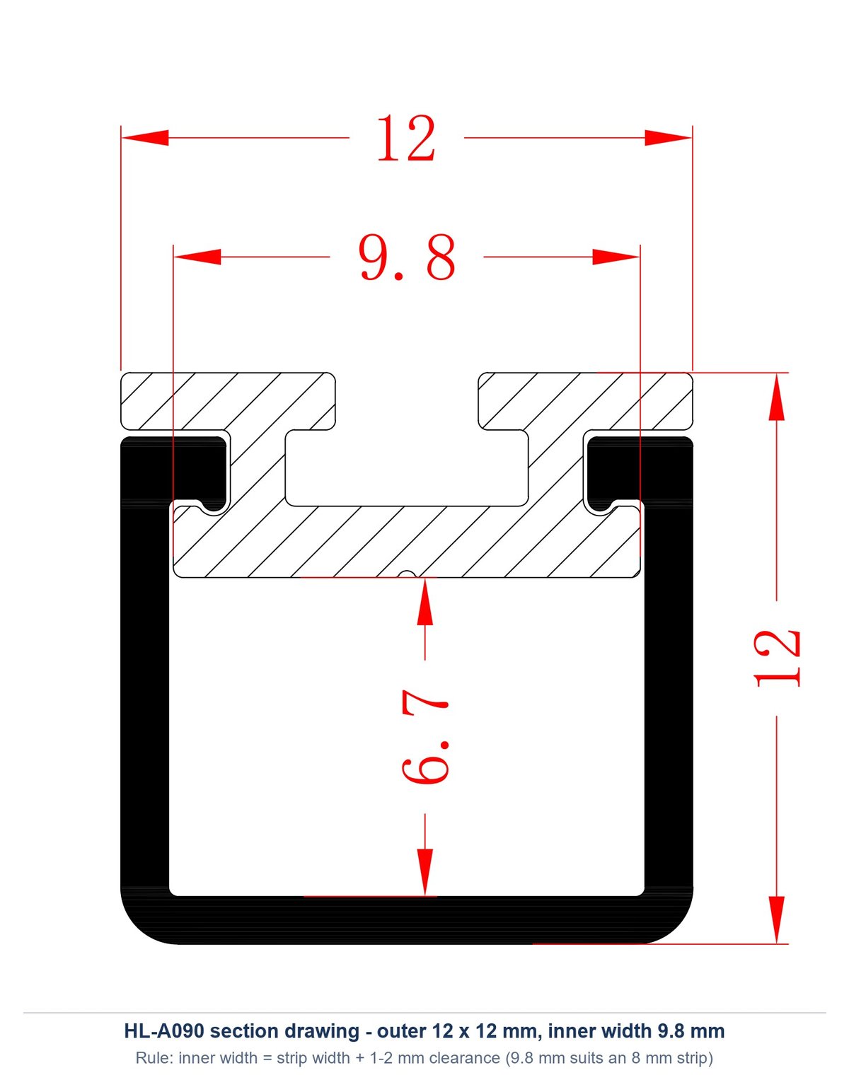 HL-A090 LED profile section drawing showing 9.8 mm inner width versus 12 mm outer width for strip fitting