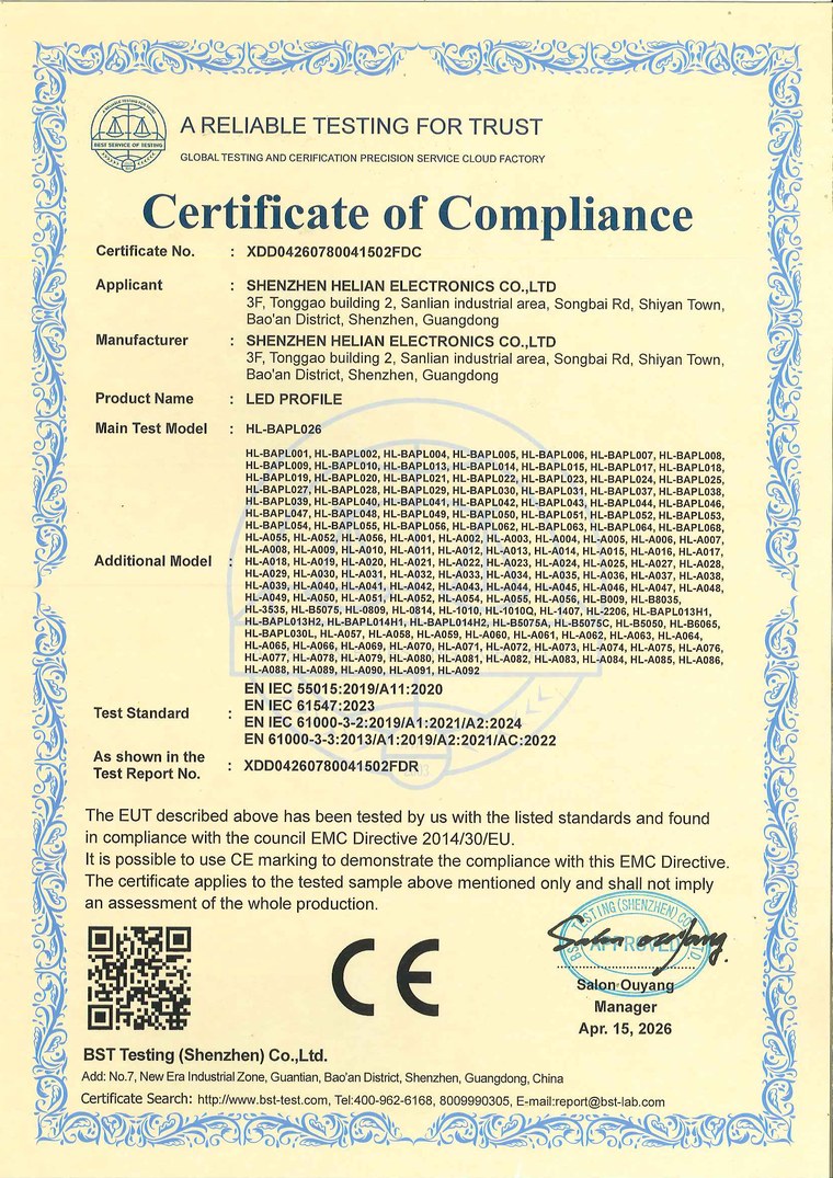 Certificates 4 CE EMC certificate XDD04260780041502FDC for LED profile under EN IEC 55015
