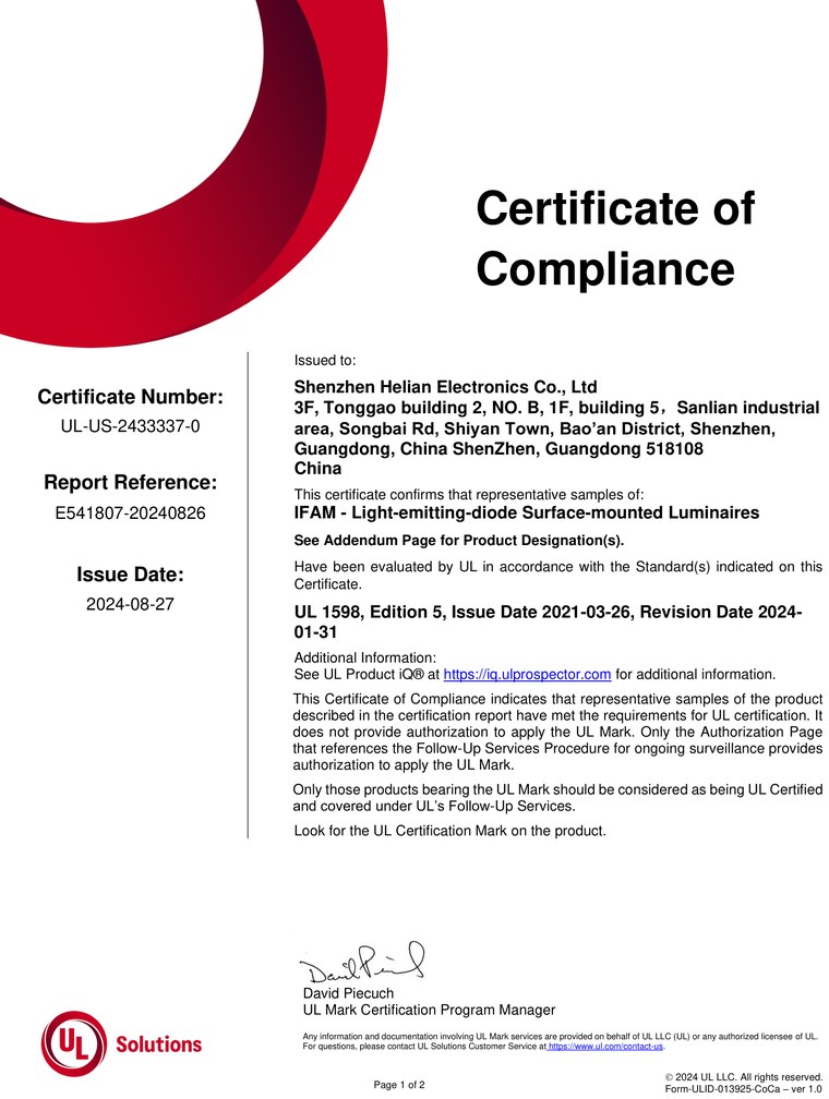Certificates 6 UL certificate of compliance UL-US-2433337-0 for surface-mounted LED luminaires