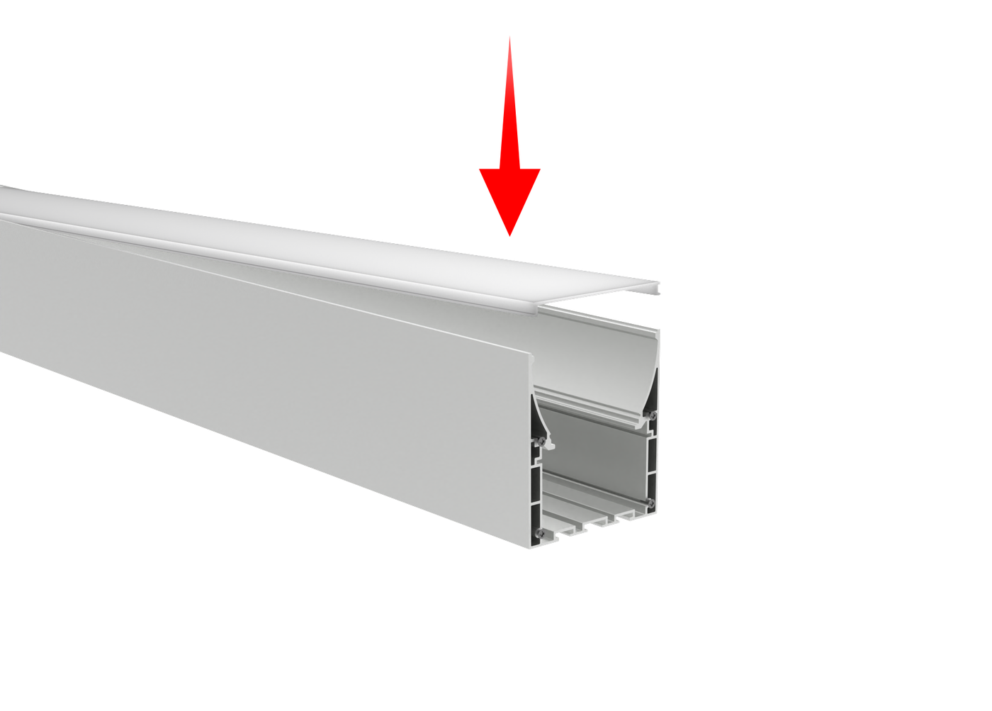 Diagram of a diffuser being pressed down into the cover groove of an aluminum LED profile