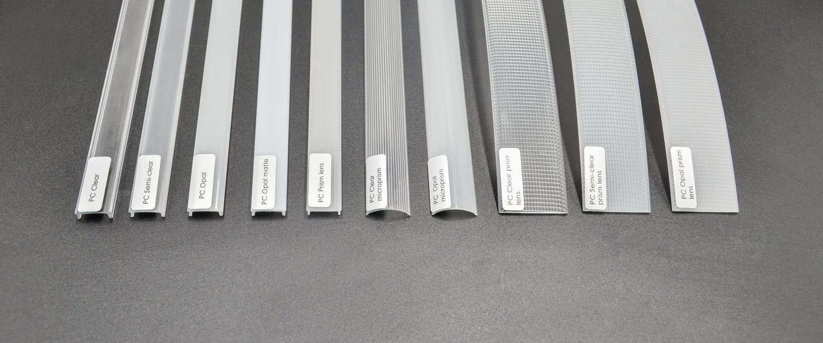 Ten polycarbonate diffuser covers — clear, semi-clear, opal, opal matte and prism lens options