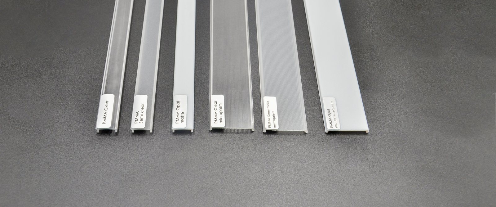 Six PMMA acrylic diffuser covers — clear, semi-clear, opal matte and microprism options