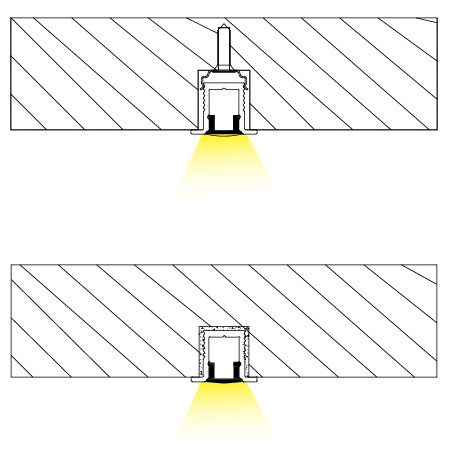 Section diagram of a flanged LED profile recessed flush into a ceiling slot