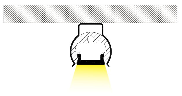 Section diagram of a surface-mounted LED profile fixed directly under a ceiling