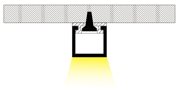Section diagram of an LED profile suspended on a stem below a ceiling