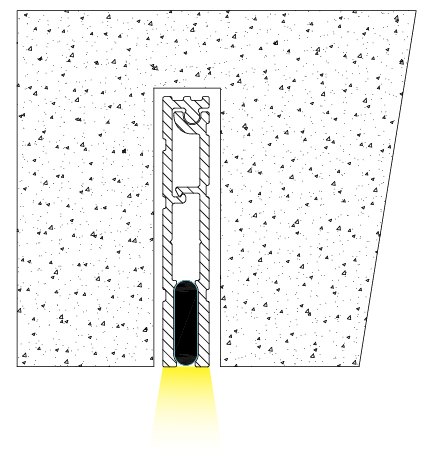 Section diagram of an LED profile recessed into a concrete slab with a narrow slot