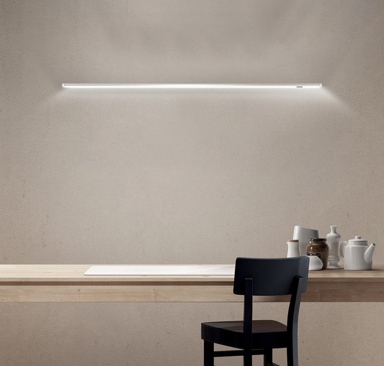 Render of a timber shelf with a continuous LED line above it on a plaster wall