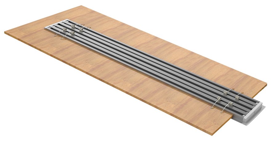 3D section of a 78 mm wide LED aluminum profile embedded in timber slats, taking a single narrow strip
